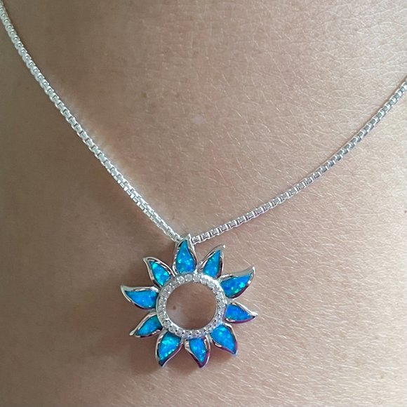 Jewelry Sunflower Lab Blue Opal Cz Sterling Silver Necklace Sunflower